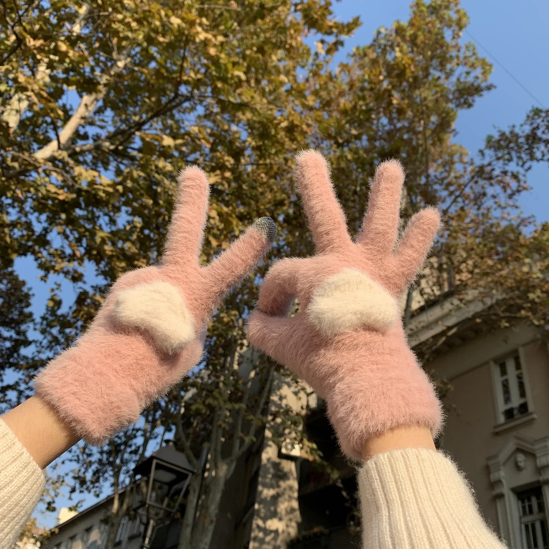 秋冬加绒保暖触屏手套甜美少女韩版可爱针织毛线分指骑行防寒学生