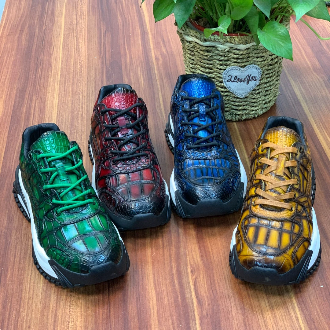 新款定制低帮纯手工擦色纯正鳄鱼皮休闲时尚休闲鞋运动男士百搭