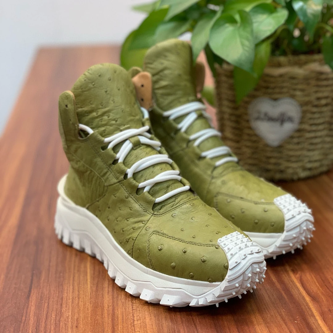 新款绿色鸵鸟皮运动大底时尚男鞋百搭休闲鞋户外潮流冬季款厚底