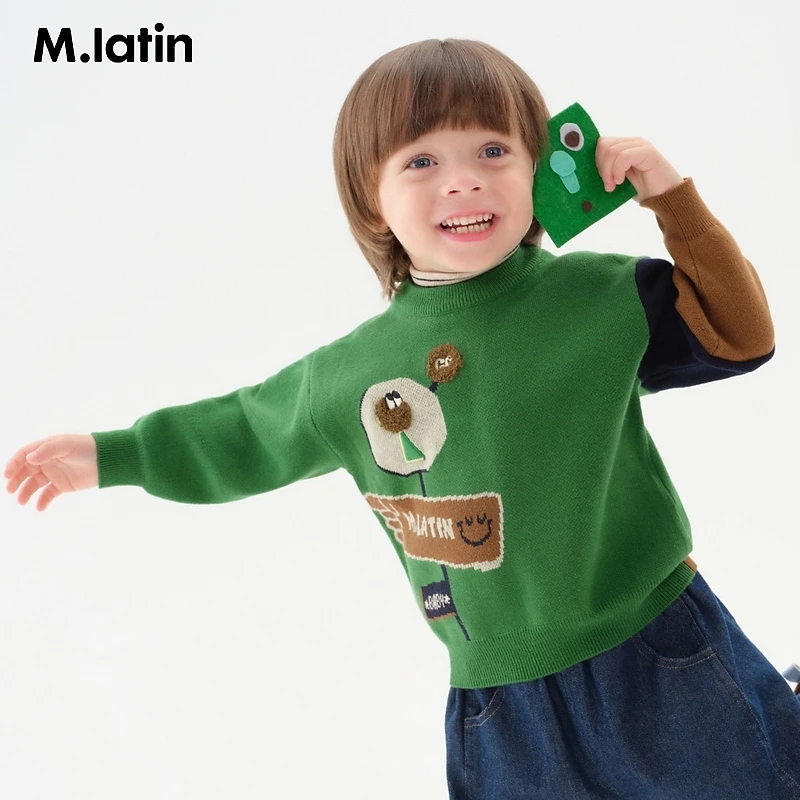 K1马拉丁童装儿童毛衣24冬新款男小童趣味图案拼色针织半高领毛衣