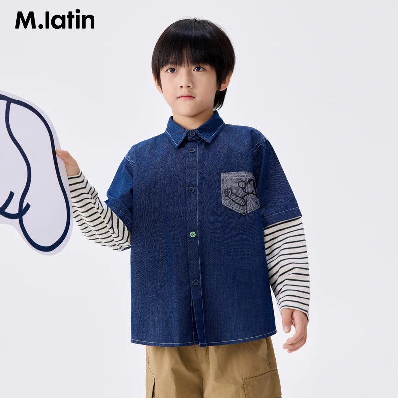 马拉丁童装儿童衬衫25年春装新款男大童条纹拼接帅气POLO衬衣外套
