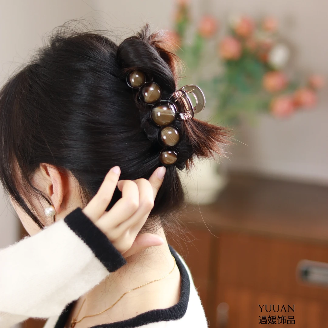 【遇媛轻奢】高级感复古咖色圆珠鲨鱼夹 韩版气质百搭抓夹发夹11cm