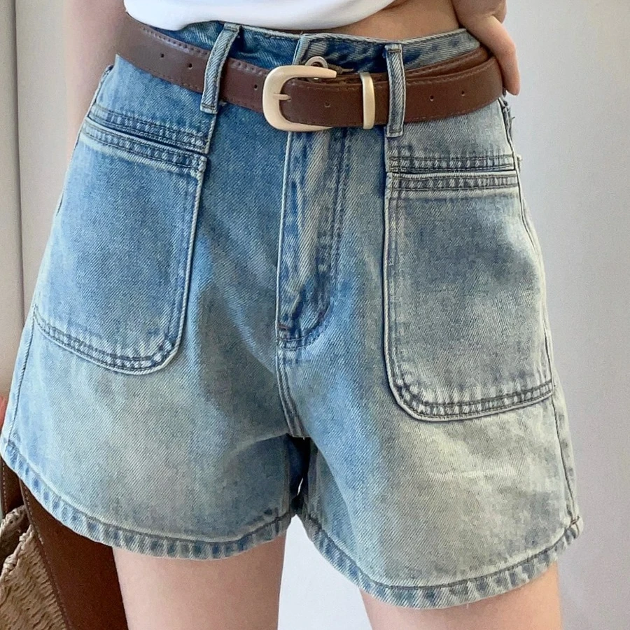 双口袋牛仔短裤女2024夏新款高腰显瘦阔腿口袋设计a字热裤子+腰带
