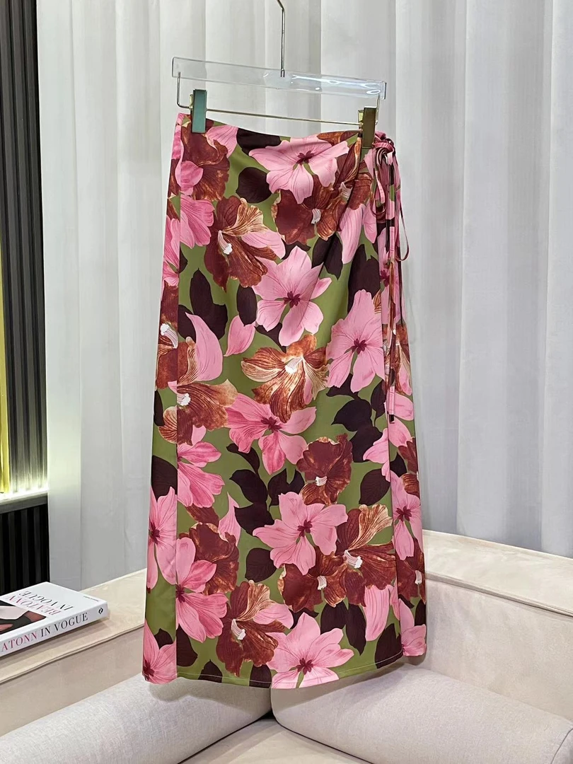 伊昕丽粉百合飘带拉链腰半身长裙显瘦百搭大花裙