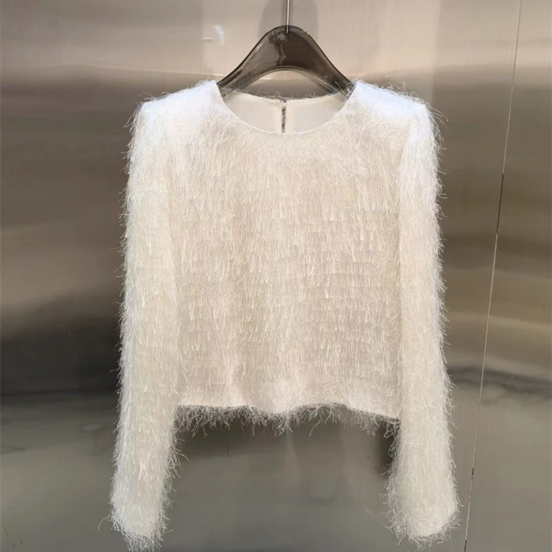 轻奢软糯亲肤长袖流苏须须上衣宽松洋气气质圆领百搭