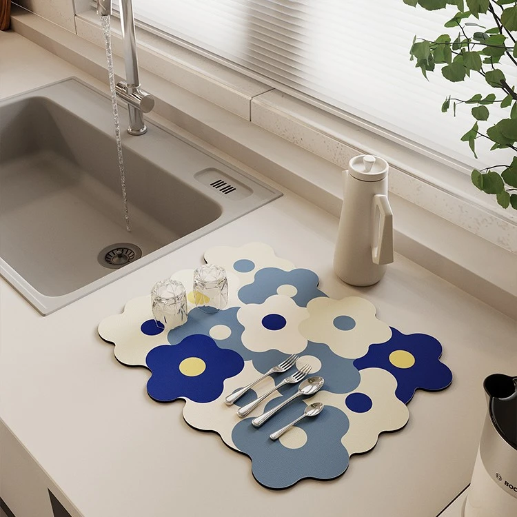 硅藻泥耐脏吸水厨房台面沥水地垫家用耐脏植物花朵厨房台面垫子