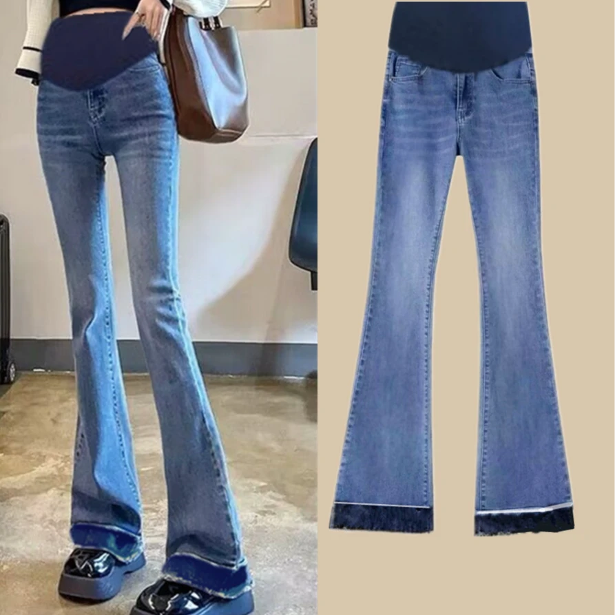 孕妇 渐变蓝色牛仔喇叭裤春季新款潮妈喇叭裤