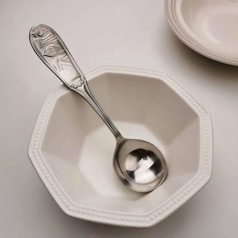 手感真好 18/10不锈钢浮雕花鸟圆头勺吃饭勺304汤勺喝粥勺中号勺