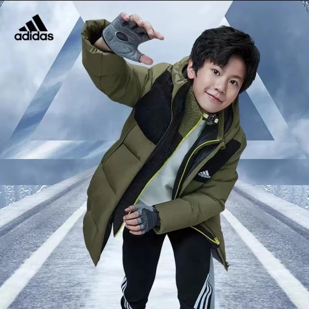 【验真】adidas 男童连帽长袖羽绒服两件套冬季白鸭绒 深橄榄绿色