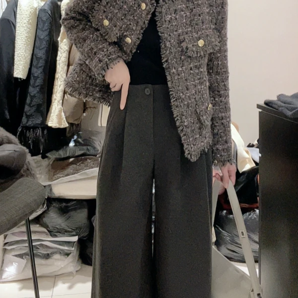 【小乔定制】粗花呢高腰松紧腰加绒直筒阔腿裤