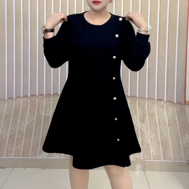 大码秋冬款胖mm气质修身长袖连衣裙复古收腰显瘦加宽加大女大号裙