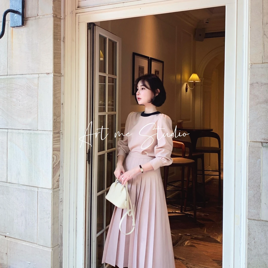 Artme瓜瓜呀【风琴两色压褶半裙】显瘦半身裙长款百褶裙气质w578-1