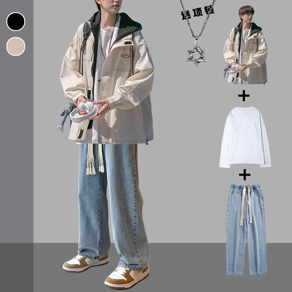 春秋连帽夹克男套装潮流外套帅气一套搭配牛仔裤痞帅气休闲三件套