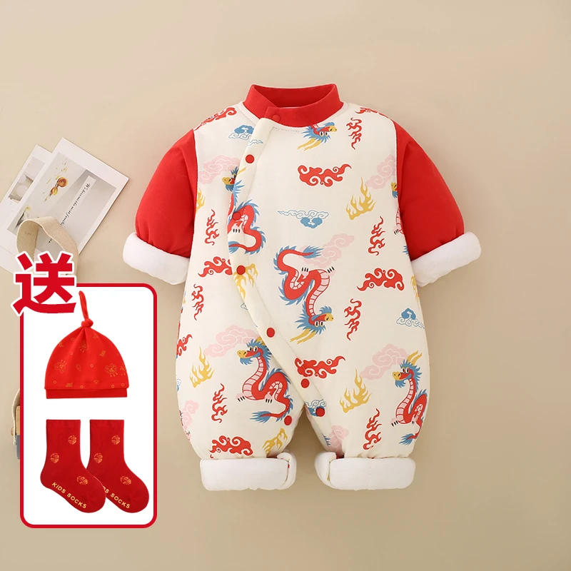 反季婴幼儿冬装满月婴儿衣服冬季中国风拜年服红色宝宝加棉连体衣