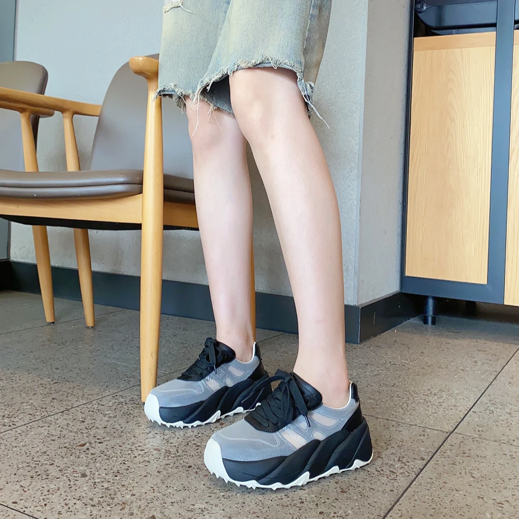 【WEFUN】真皮网面透气休闲鞋女款冰丝厚底鞋百搭时尚运动老爹鞋潮