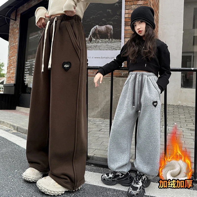 女童裤子加绒加厚洋气冬季新款阔腿裤大儿童宽松卫裤一体绒直筒裤