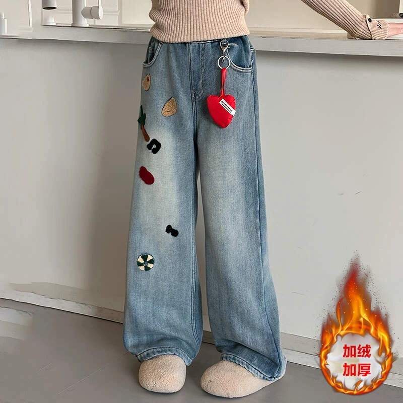 女童加绒牛仔裤秋冬款2024新款儿童一体绒裤子大童女孩冬季阔腿裤