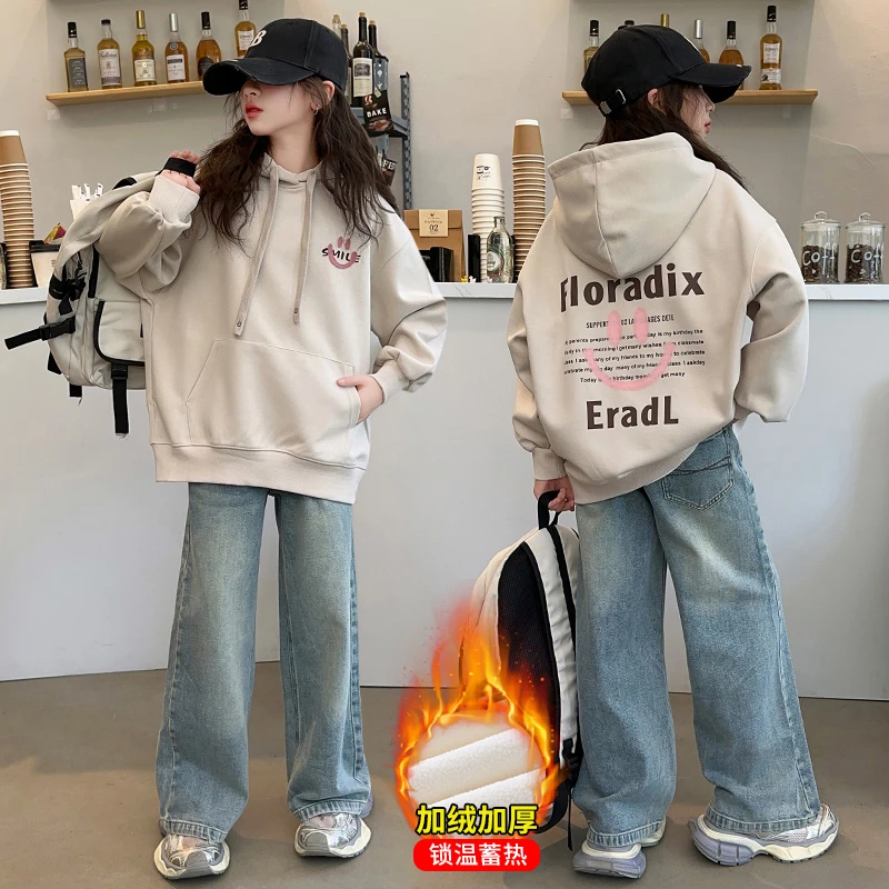 女童秋冬加绒加厚卫衣套装2024新款中大童洋气连帽时髦牛仔裤冬装