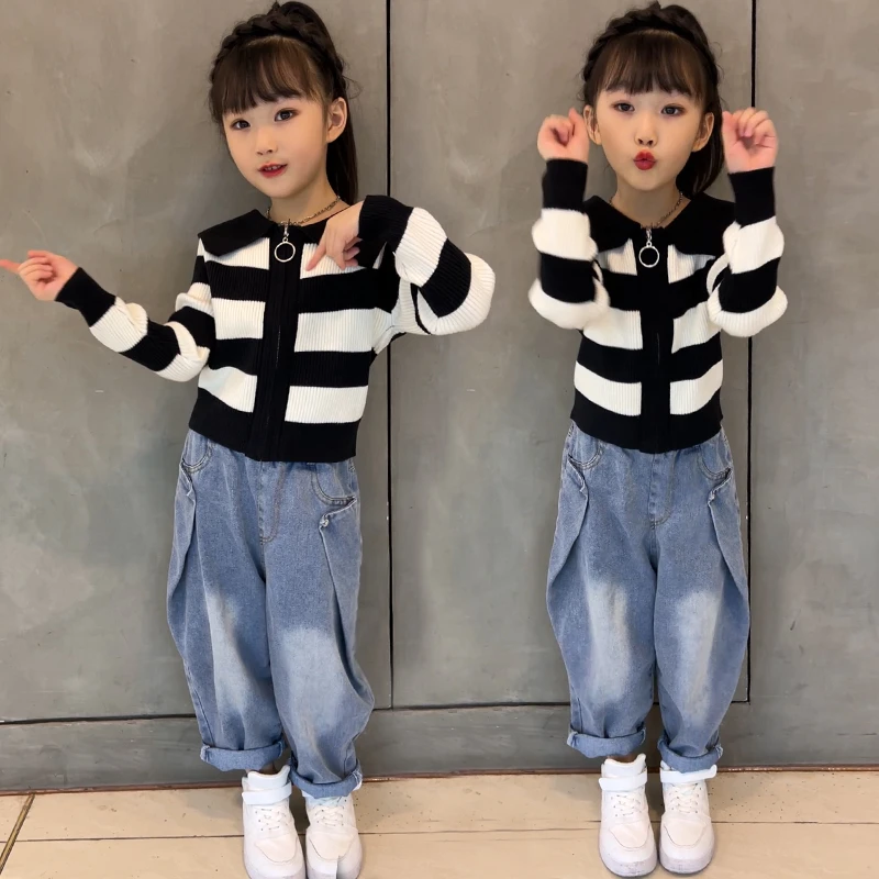 女童套装春秋洋气2023新款儿童韩版开衫毛衣牛仔裤两件套中大童潮