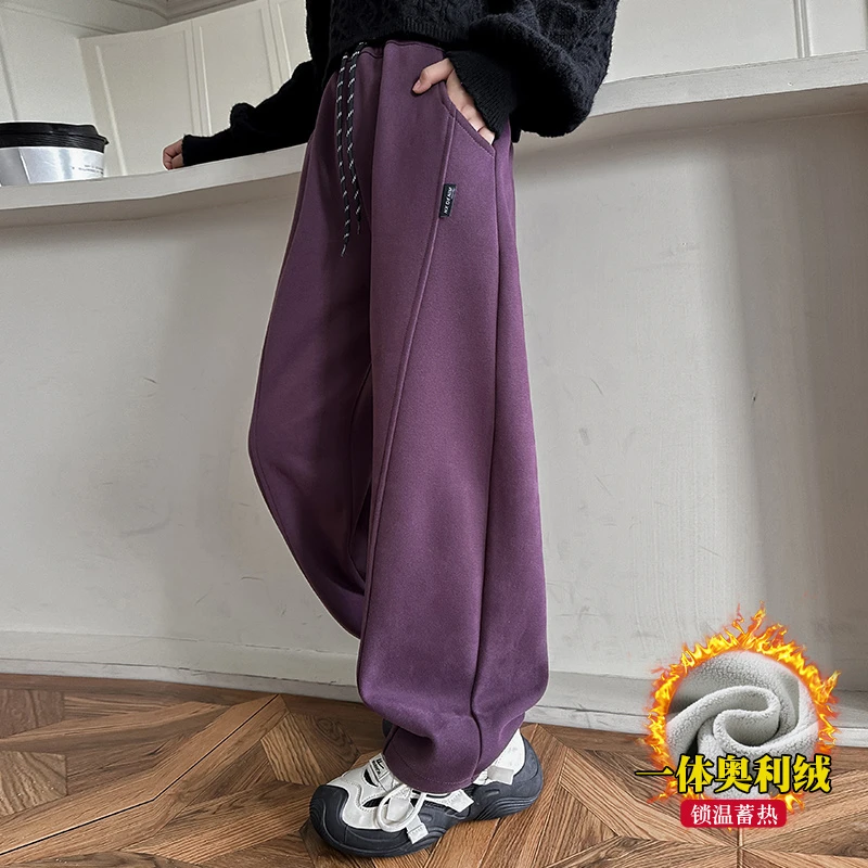 女童加绒弯刀裤秋冬加厚休闲裤子2024新款中大儿童宽松一体绒卫裤