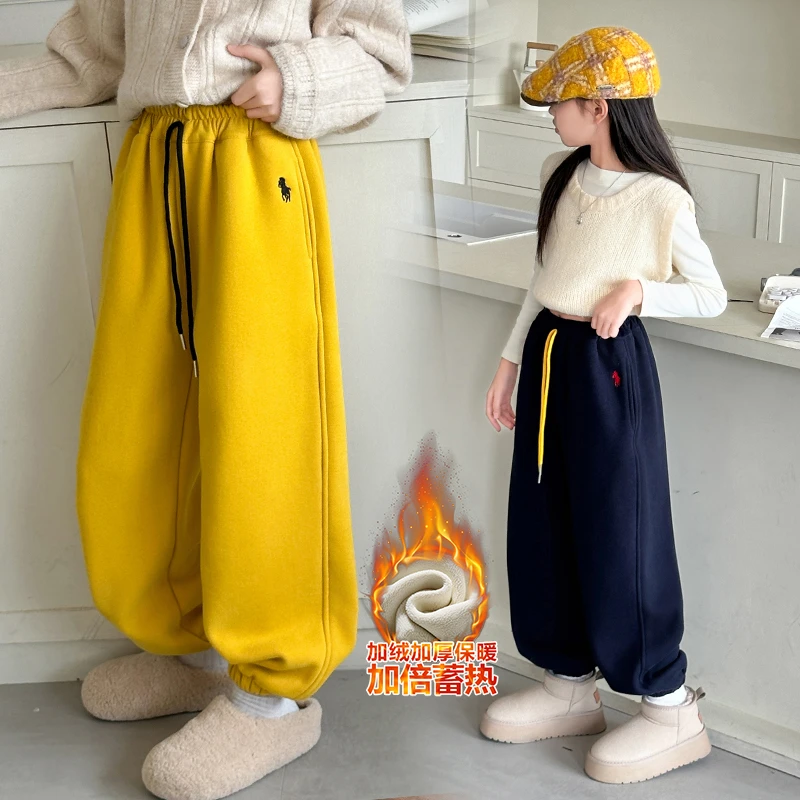 女童加绒卫衣秋冬休闲裤子2024新款儿童加厚宽松运动裤冬季束脚裤