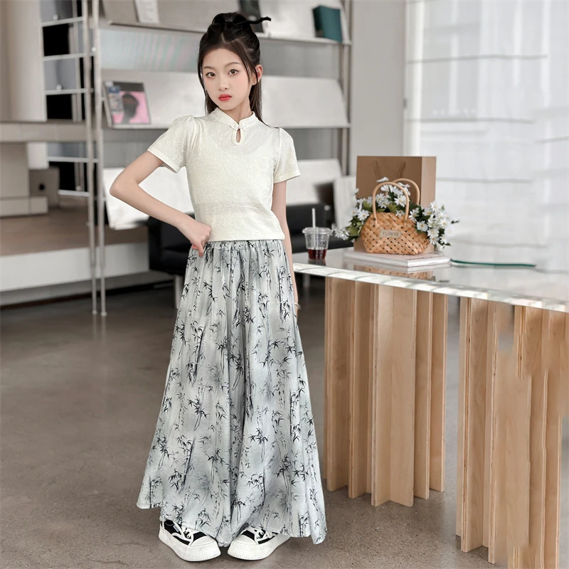 女童套装夏装洋气2024新款国风儿童阔腿裤子两件套夏季薄款裙裤潮