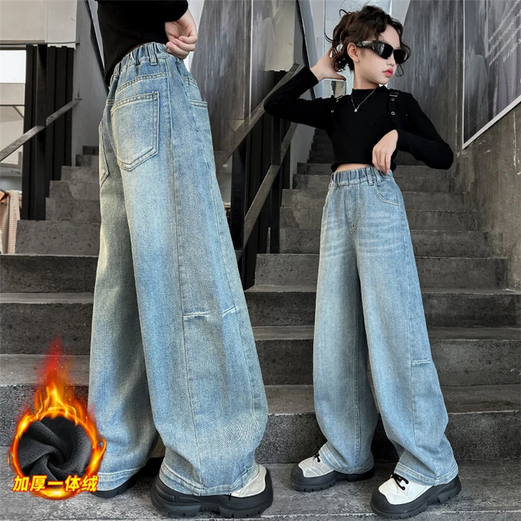 女大童秋冬加绒牛仔弯刀裤时髦一体绒裤子儿童新款加厚百搭长裤潮