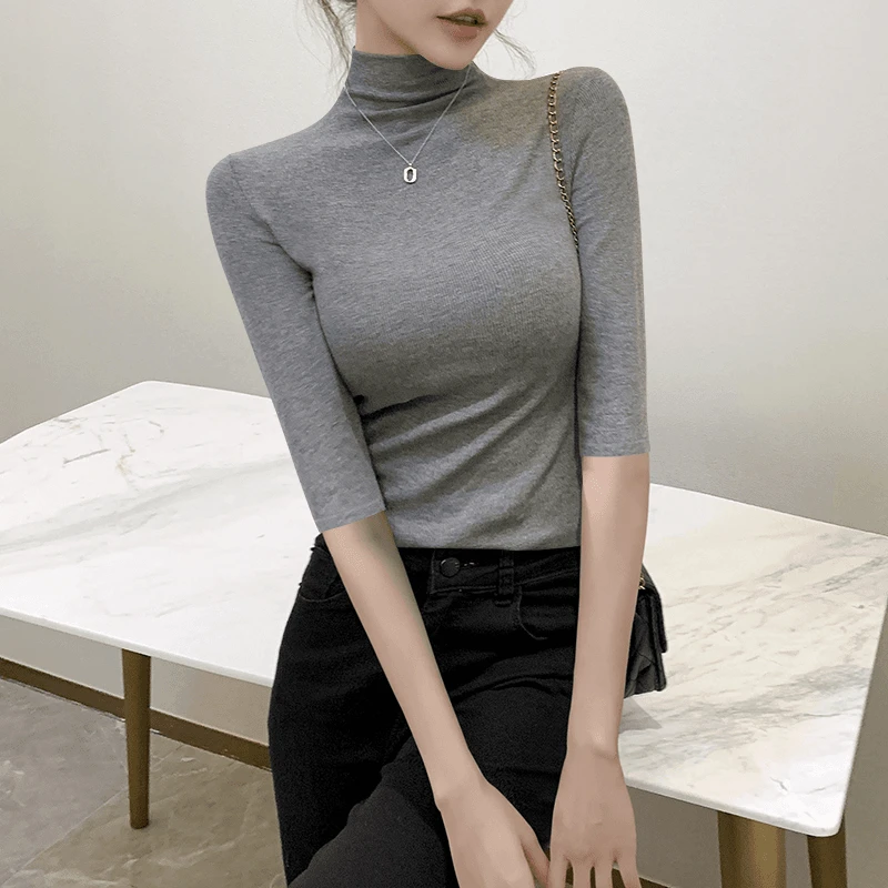 春秋螺纹针织半高领五分袖打底衫女士新款内搭中袖t恤修身上衣A6