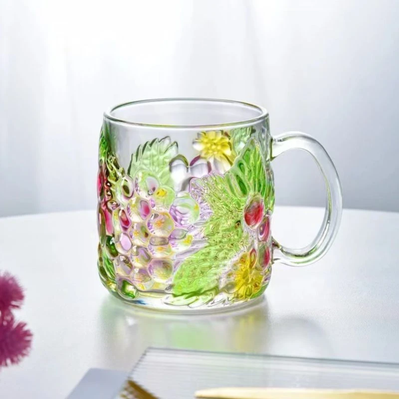 【盛瑞堂】水晶葡萄手绘把手杯大容量彩色玻璃早餐杯牛奶杯