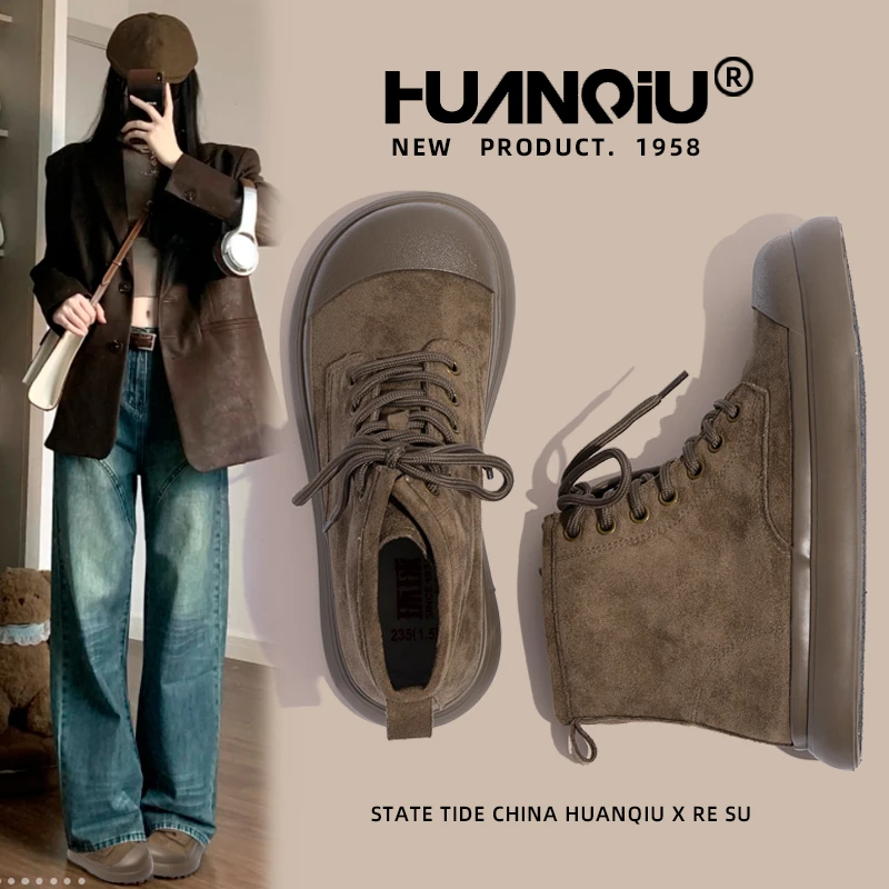 环球2025新款复古短靴春秋百搭高帮时尚女款休闲英伦风马丁靴潮流