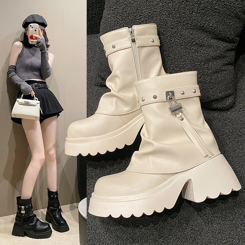 厚底高跟裤管靴女款中筒靴2023年秋季新款洋气小众铆钉流苏堆堆靴