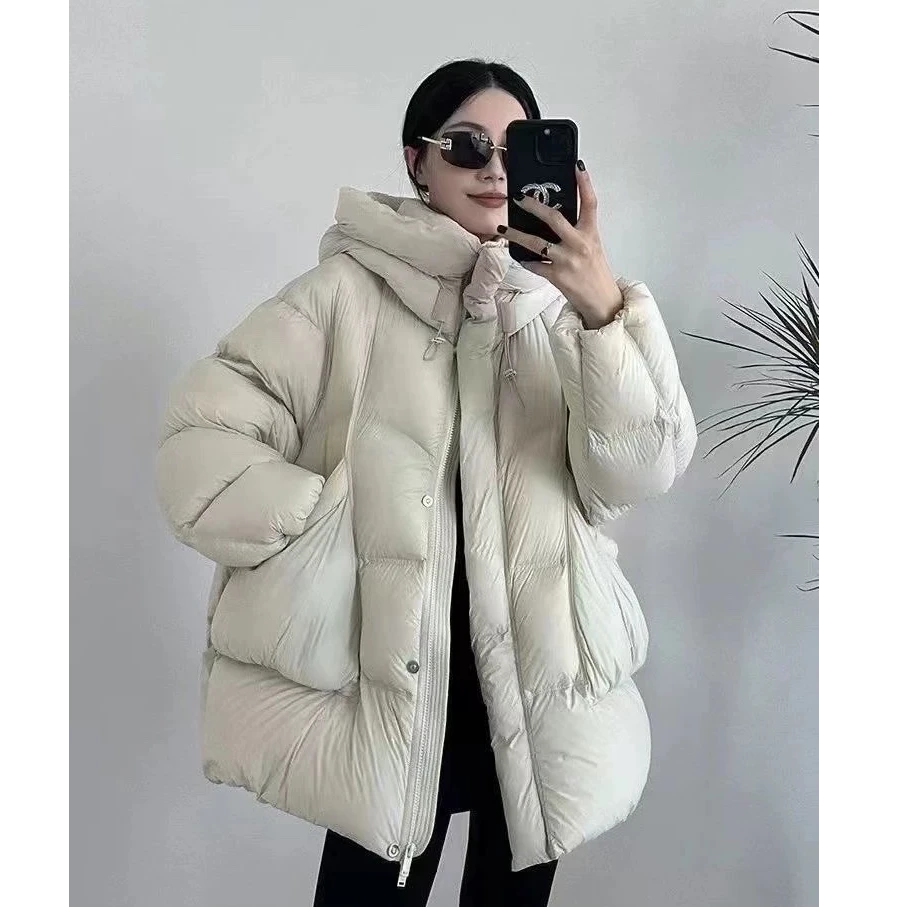 欧货泡芙连帽羽绒服女中长款白鸭绒宽松加厚高级感