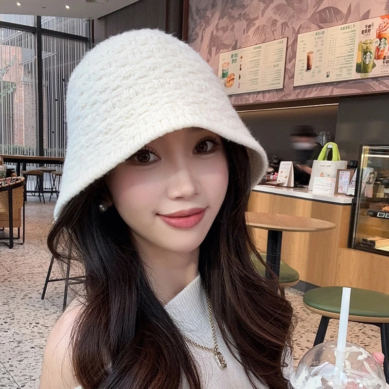 毛绒针织渔夫帽2024新款女秋冬高级感百搭保暖盆帽大头围百搭帽子