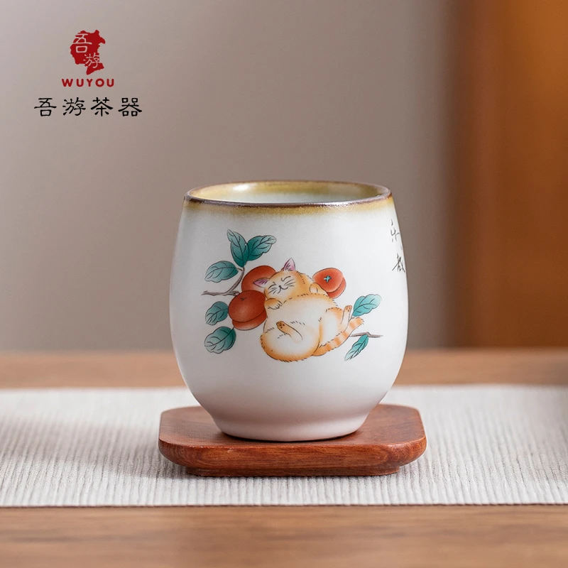 吾游茶器汝窑月白事事如意猫咪汝窑茶杯陶瓷主人杯禅定杯A0525