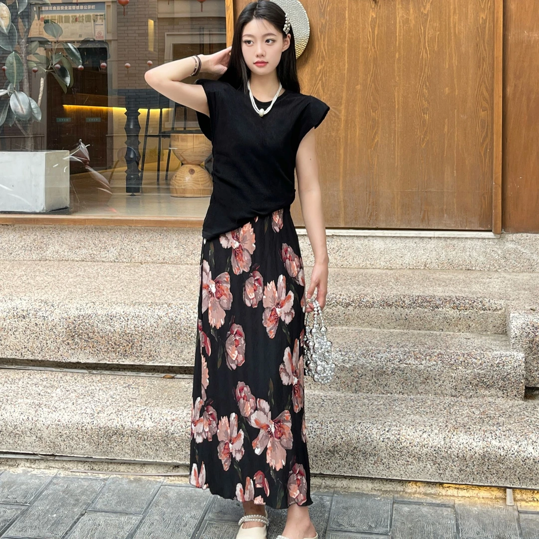 恋恋花影 时尚印花小众设计压褶碎花复古春夏百搭显瘦半身裙 380