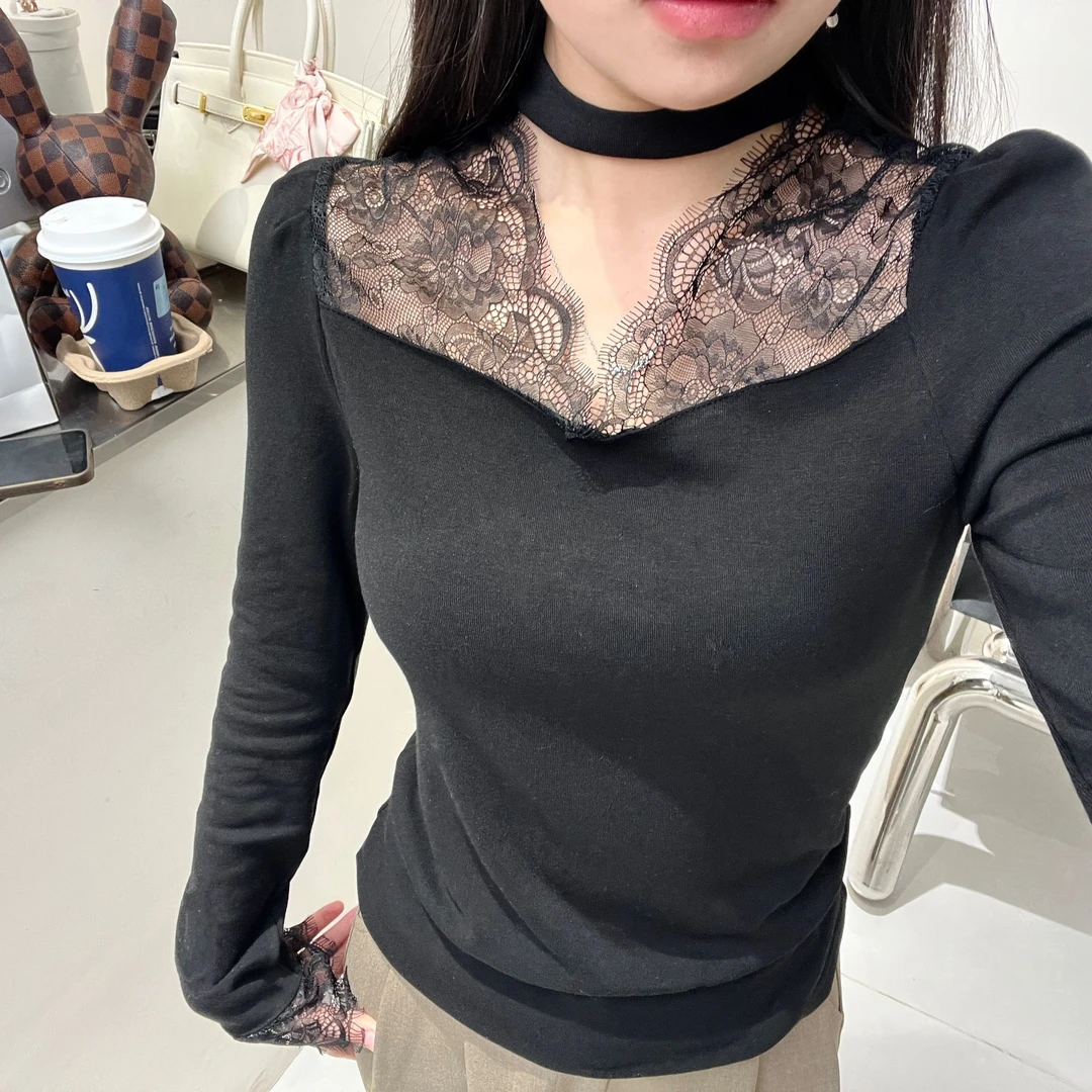 设计感蕾丝拼接挂脖针织衫女秋冬季新款内搭修身打底衫上衣服566