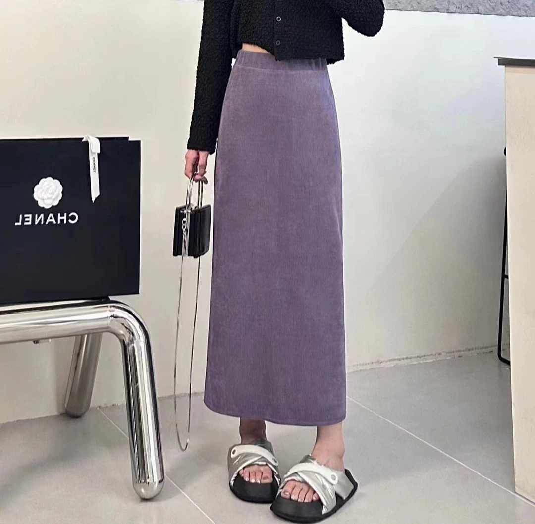 217秋季新款时尚百搭竖条绒半裙设计感气质显瘦高腰中长款细条