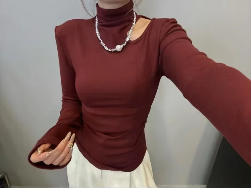 秋冬新款时尚千金风加绒露肩显瘦打底上衣553