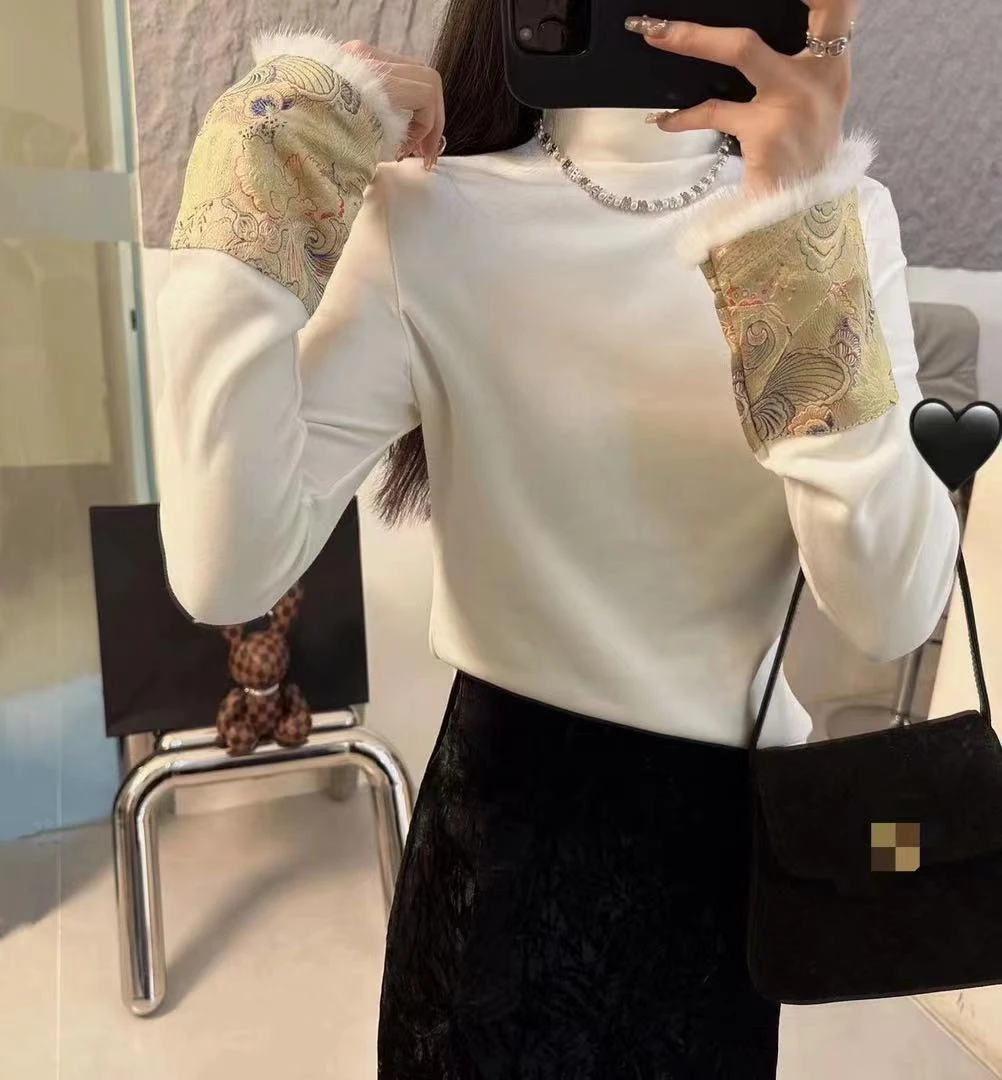 【宠粉专属】时尚女士重工拼接配色绣气质半高领长袖打底 下230188