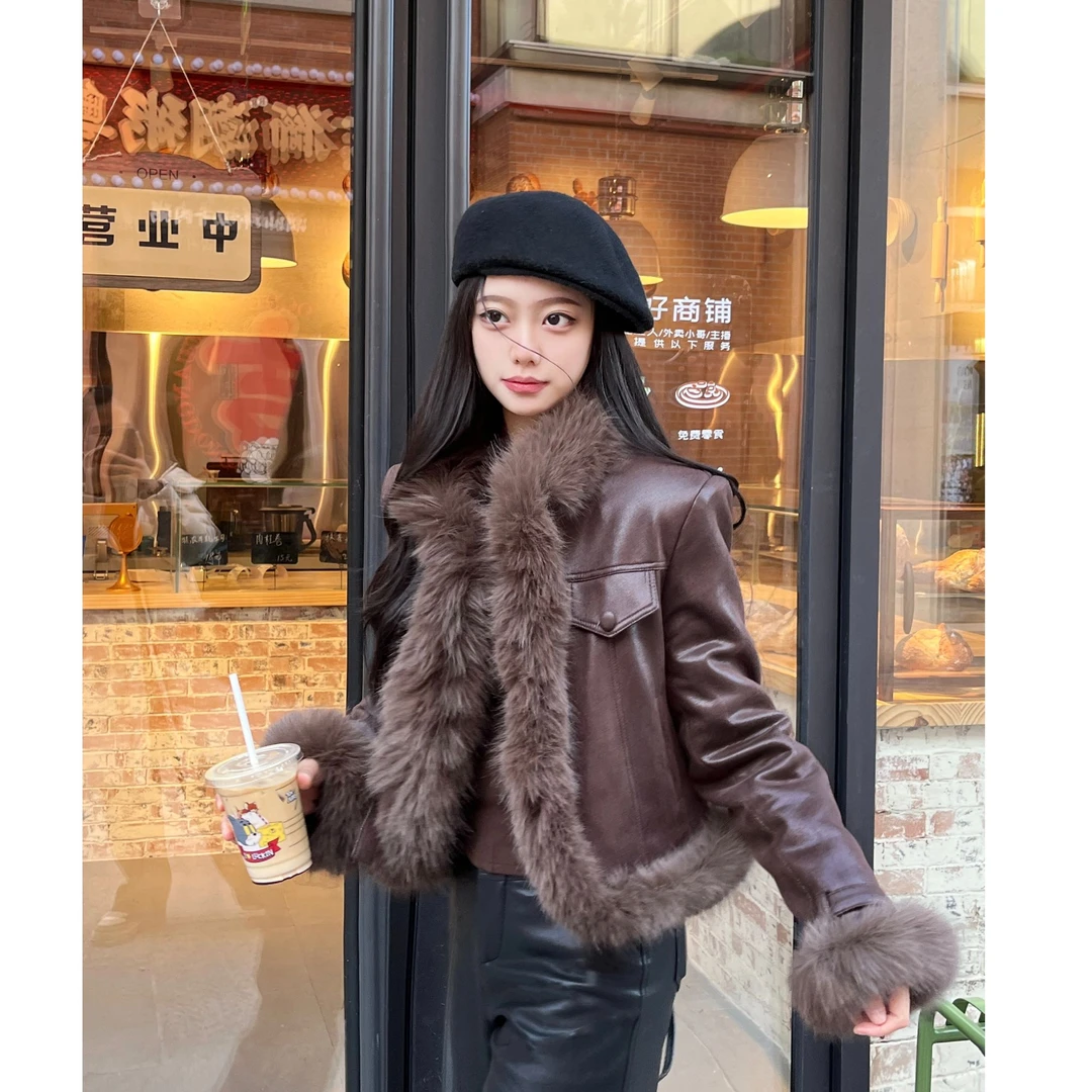 毛毛外套女短款设计感机车风年轻款时尚机车外套23610