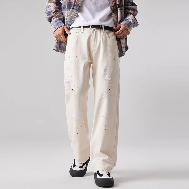 Cebrodz白色牛仔裤男潮牌秋季2024新款直筒男生破洞休闲裤子男款