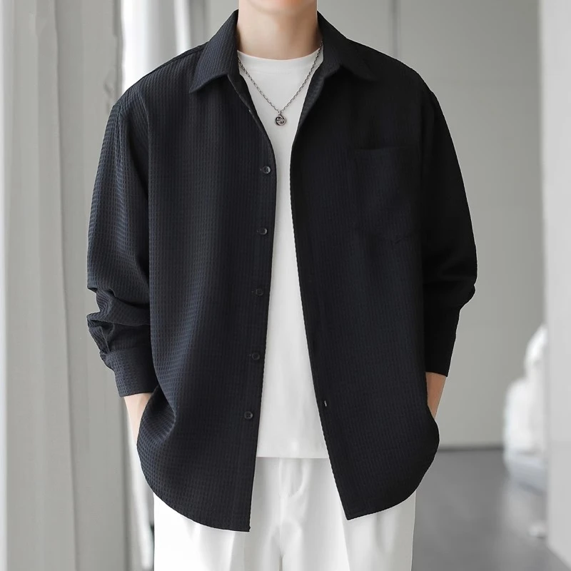 Cebrodz百搭长袖衬衫男士时尚潮流衬衣外套华夫格工装上衣春秋款