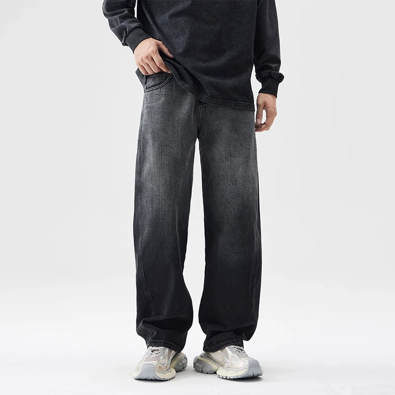 Cebrodz黑色弯刀牛仔裤男秋冬季宽松美式高街vibe休闲阔腿裤子男