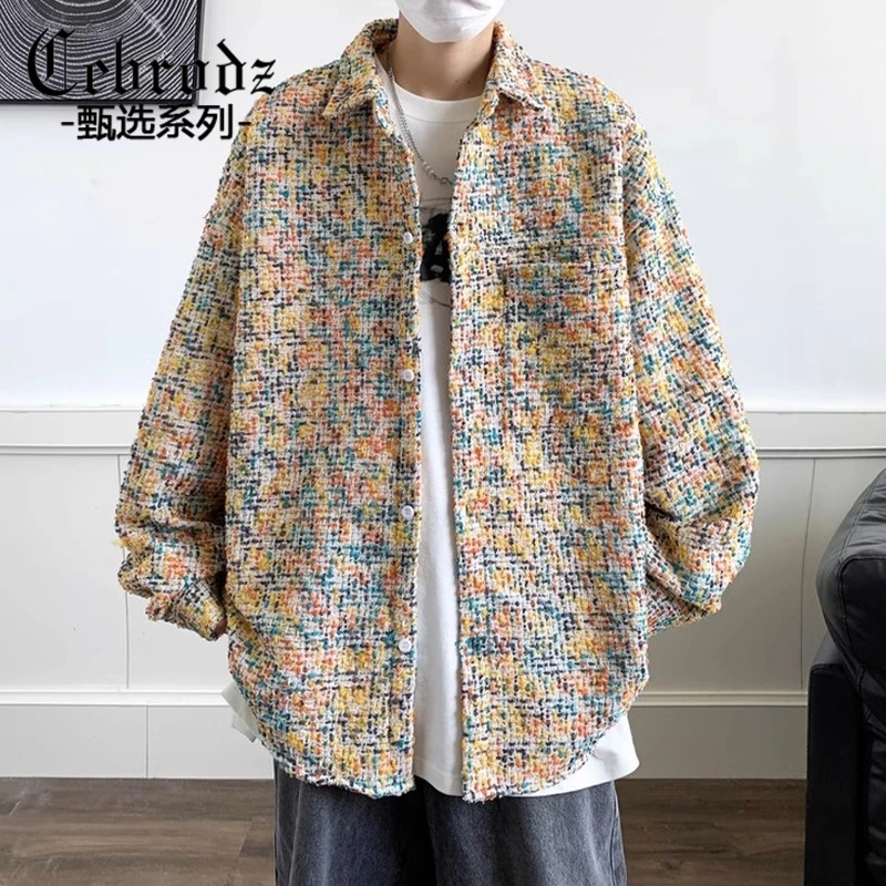 Cebrodz格子小香风衬衫男长袖秋季ins痞帅上衣大码宽松休闲花衬衣