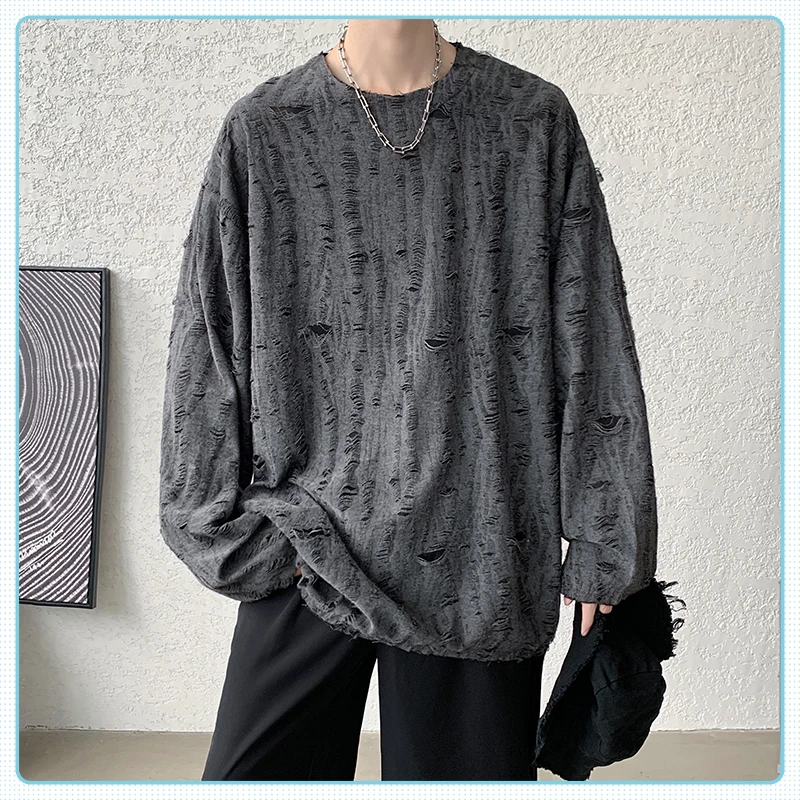 破洞长袖T恤男春秋新款设计感美式嘻哈潮牌宽松休闲圆领打底上衣