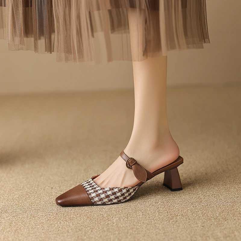 ReneChristine|34-39|5cm|复古真皮包头半拖鞋女夏季外穿穆勒鞋
