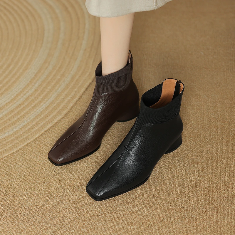 半坊手工女鞋|34-40|3.0cm|秋冬法式真皮复古方头弹力粗跟瘦瘦靴