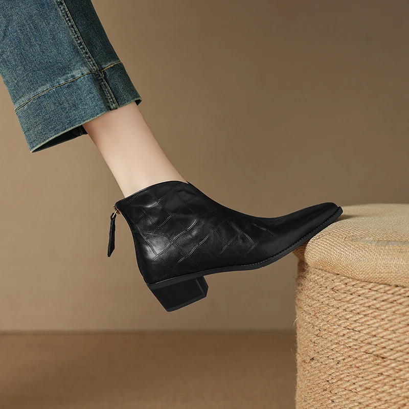 半坊手工女鞋R|34-39|4.0cm|法式复古尖头真皮后拉链短靴