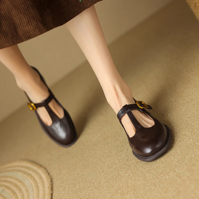 ReneChristine|34-40码|4.5cm|棕色复古圆头粗跟浅百搭玛丽珍单鞋