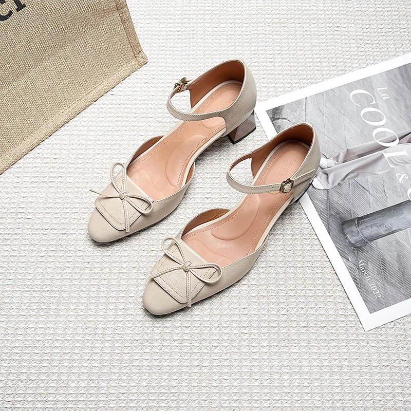 断码青沧断码青仓|34-40|4.8cm|法式圆头蝴蝶结中空粗跟一字带凉